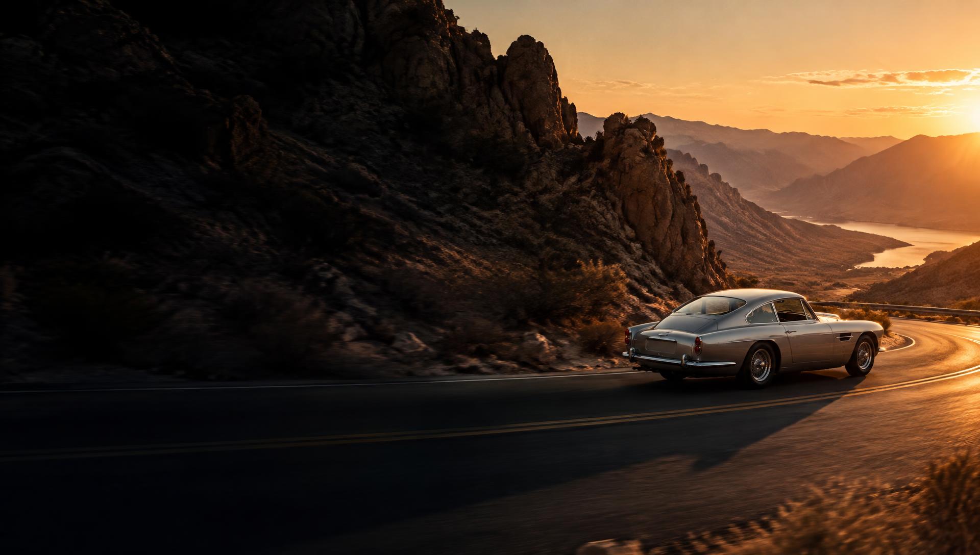 Silver vintage sports car on a sunlit desert road
